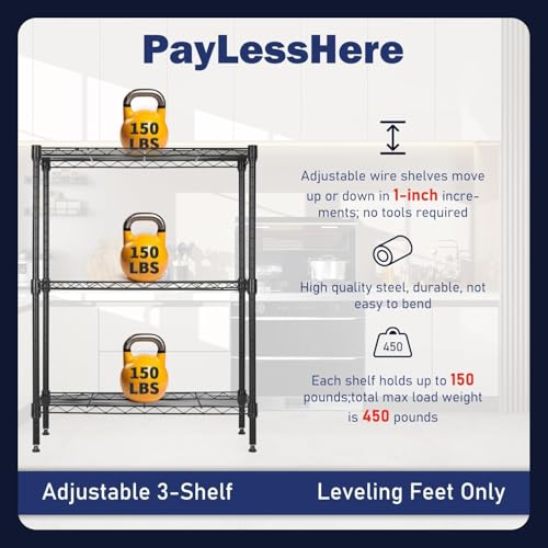 Shelf Shelving Pantry Storage Cabinet 3 Tier Adjustable Metal Storage Shelf 450 lbs Capacity NSF Certified Space Saving Design Adjustable Feet Easy Assembly (Black / 23" x 13" x 30")