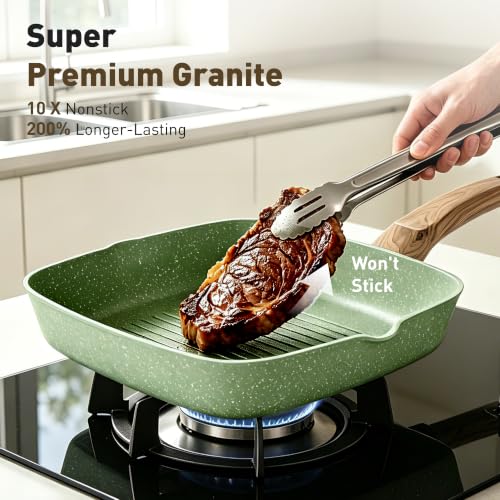 17 Piece Pots and Pans Set Non Stick (Green / 17-piece)