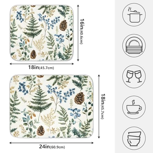 Vintage Herbs Fern Leaves Floral Plant02 Dish Drying Mat for Kitchen Counter Absorbent Microfiber Small Drying Pad Dish Mats for Kitchen Countertops 16 x 18 Inch (18" x 16")
