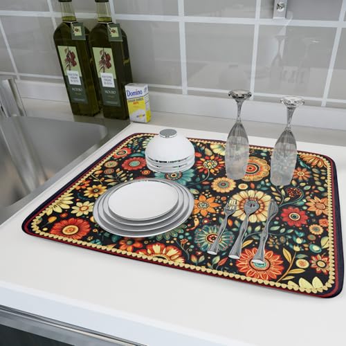 Boho Floral Dish Drying Mat for Kitchen Counter Absorbent Microfiber Flowers Drying Pad 18 X 24 In (Boho Floral Black A / 24" x 18")