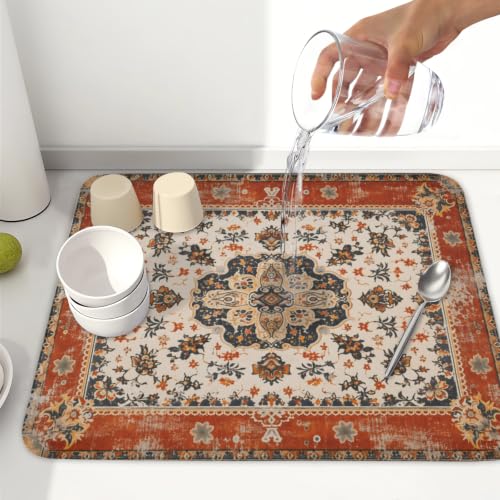 Ethnic Boho Dish Drying Mat Rust Coral Floral Decorative Dishes Pad 16x18 Inch Absorbent Fast Dry Drainer Rack Mats for Kitchen Countertop (Ethnic Boho Orange / 16x18 inch)