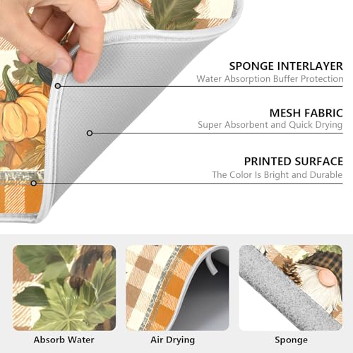 Fall Pumpkin Gnomes Maple Leaves Autumn2 Dish Drying Mat for Kitchen Counter Absorbent Microfiber Large Drying Pad Dish Mats for Kitchen Countertops 18 x 24 Inch (24" x 18")