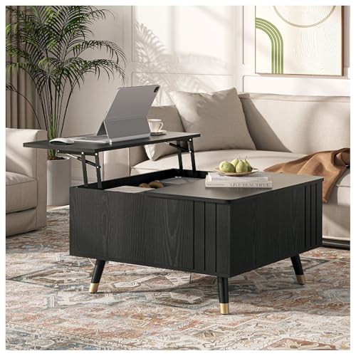Square Lift Top Coffee Table with Storage for Living Room (Smooth Black)