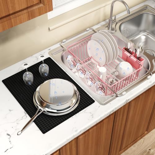 Pink Expandable Dish Drying Rack Over Sink with Extra Drying Mat (Pink / For 11.5"-16" W Sink with Cup Holder & Mat)