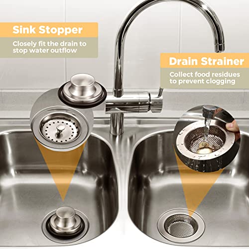 3 Pcs Kitchen Sink Drain Strainer and Stopper Stainless Steel Garbage Disposal Plug with Handle Universal Anti (Brushed Silver)