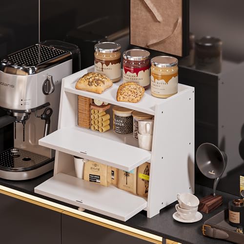 Vintage Double Layer Bread Box for Kitchen Counter Bamboo Bread Storage Container Large Capacity Bread Storage Bin (White)