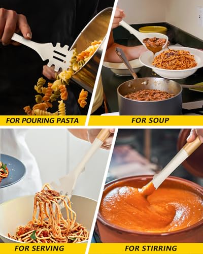 Silicone Soup Ladle and Pasta Spoon Set with Wooden Handle (2 Count)