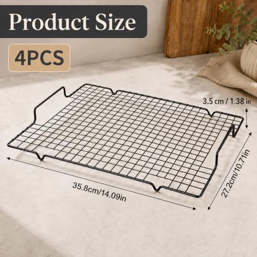 4 Pack Heavy Duty Wire Cooking Rack Baking Racks with Handle 14.1" x 10.7" (Black)
