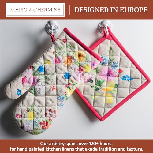 100% Cotton Oven Mitt & Pot Holder Set (105 - Jardin D'ete - Fog / 7.5" x 13" & 8" x 8" (Oven Mitt & Pot Holder))