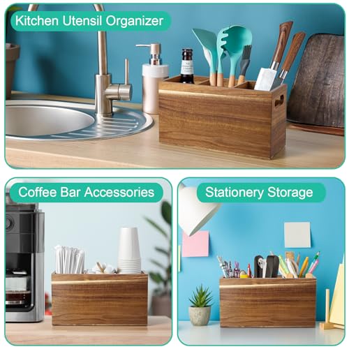 Acacia Wood Utensil Holder Organizer for Counter (Acacia / 3 Compatment)