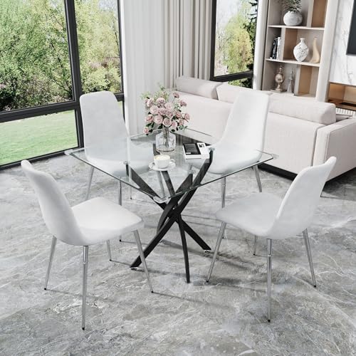 36” Square Glass Dining Table Set for 4 (Black Square Table/White Velvet Chairs / 5 Pieces)