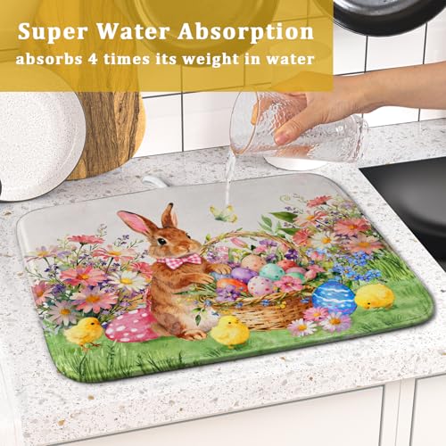 Spring Easter Dish Drying Mat for Kitchen Counter Colorful Egg Holiday Decoration Cloth Dish Mats Small (Colorful Easter Bunny / 18" x 16")