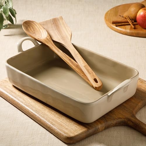 3-Piece 4.8-Quart 9 X 13 Ceramic Bakeware Set with Olive Wood Tools – Linen/Taupe Baking Dish with Handles, Oven Safe, Durable Stoneware for Casseroles, Roasting & Serving