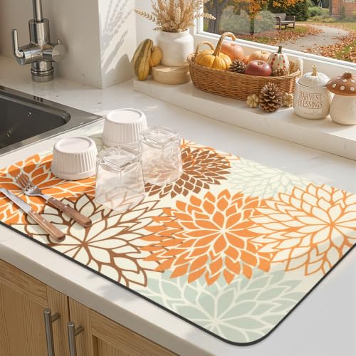 Fall Dish Drying Mat 12" x 20" Absorbent Floral Coffee Mat Orange (Orange / 12" x 20")
