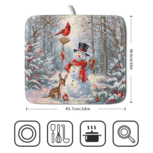 Winter Snowman Dish Drying Mat for Kitchen Counter Red Bird Berry Dishes Drainer Mats Holiday Microfiber Absorbent Dish Rack Pad 16x18 Inch (Winter Snowman Deer / 16" x 18")
