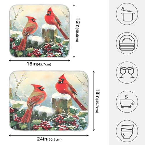 Winter Birds Snowflakes Berry Dish Drying Mat for Kitchen Counter Absorbent Microfiber Large Christmas Drying Pad Dish Mats for Kitchen Countertops 18 x 24 Inch (24" x 18")