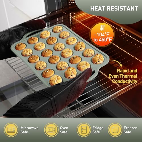 2 Packs 24 Cups Silicone Muffin Pan with Metal Reinforced Frame Mini Size Cupcake Pan Tray Egg Bites Silicone Circle Cookie Molds Muffin Tin Tart Pans Baking Sheet Set for Breakfast Sandwiches (2pc: 24-Cup Mini / Morandi Green)