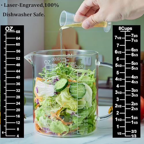 Borosilicate Glass Measuring Cup with Insulated Handle (2000 ML (64 Oz, 8 Cup) - Etched Graduated)