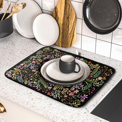 Absorbent Dish Drying Mat Colorful Flowers Microfiber Pad for Kitchen Counter Coffee Bar Decor 16" X 18" (Vintage Leaves Black / 18" x 16")