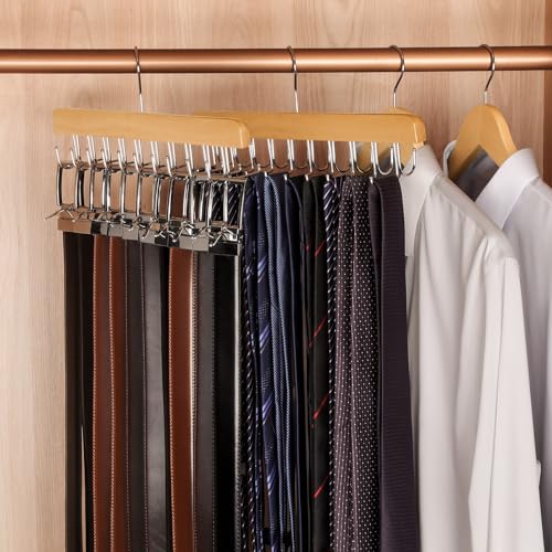 2 Pack 2 in 1 Belt Tie Hanger for Closet Max 60 Belts with 60 Ties Capacity (Natural-2 Pack)