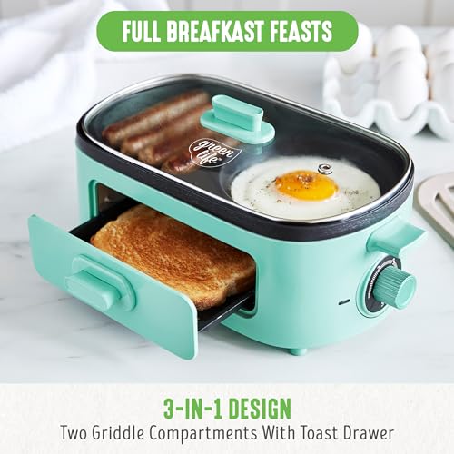 3-in-1 Breakfast Maker Station, Healthy Ceramic Nonstick Dual Griddles for Eggs Meat Sausage Bacon Pancakes and Breakfast Sandwiches, 2 Slice Toast Drawer, Easy-to-use Timer, Turquoise (Turquoise / 11" Breakfast Maker / Breakfast Maker)