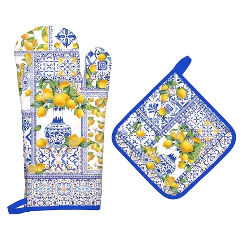 Yellow Lemon Oven Mitts and Pot Holders Set (Lemon 2 / Oven Mitt x1 & Pot Holder x1)
