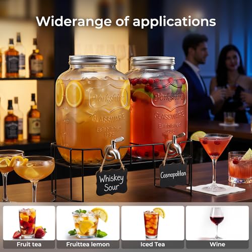 2 Gallon Glass Drinks For Parties With Stand.Stainless Steel Spigots & Metal Stand (2 Gallon Double With Stand)