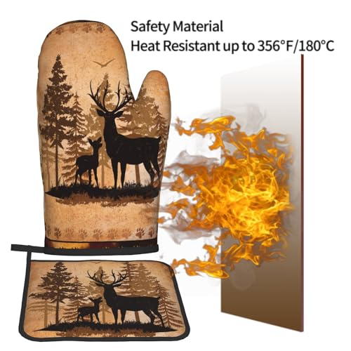 Forest Deer Oven Mitts and Pot Holder Kitchen Accessories Sets Wildlife Animal Heat Resistant Oven Gloves Hot Pads for Baking Cooking BBQ (Forest Deer)