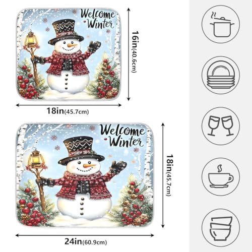 Winter Snowman Christmas Dish Drying Mat for Kitchen Counter Absorbent Microfiber Small Drying Pad Dish mats for Kitchen Countertops 16 x 18 Inch (Winter Snowman / 18" x 16")