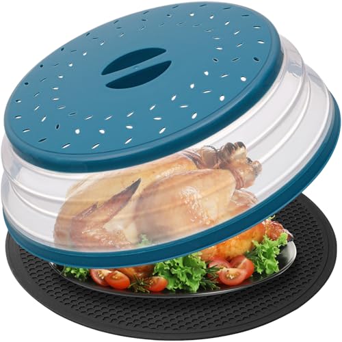 Large Microwave Splatter Cover & Silicone Mat (12" blue cover & 12" black mat)