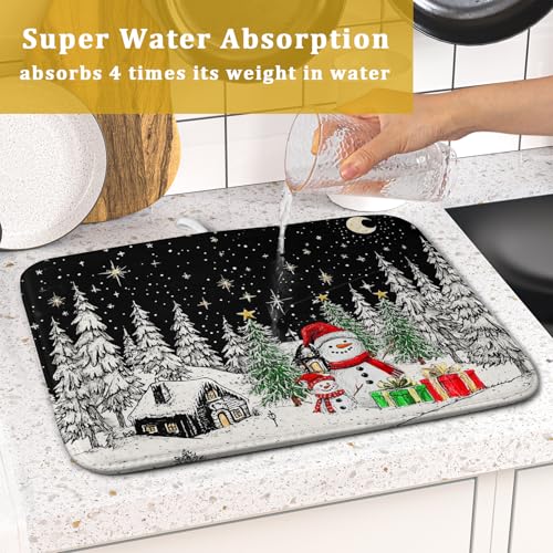 Winter Snowman Dish Drying Mat 18 X 16 in Black Microfiber Dish Pad Absorbent Holiday Kitchen Accessories (Winter Snowman Black / 18" x 16")