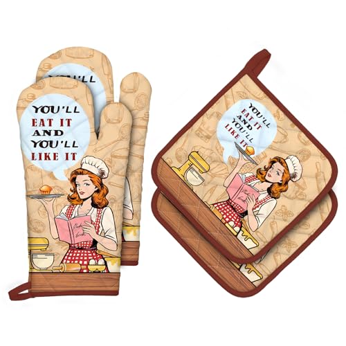 Retro Housewife Oven Mitts and Pot Holders Set (Housewife / Oven Mitt x2 & Pot Holder x2)