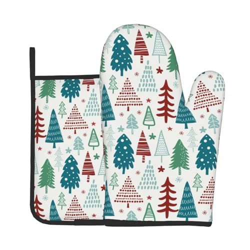 Pine Tree Oven Mitts and Pot Holder Set of 2 Winter Xmas Washable Kitchen Heat Resistant Gloves for Microwave BBQ Cooking Baking Grilling (Xmas Tree)