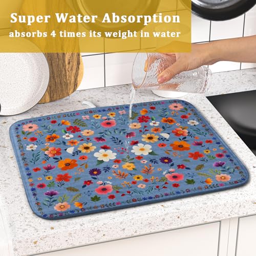 Lovely Flowers Dish Drying Mat (Wildflowers Blue / 18" x 16")