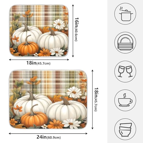Autumn Fall Thanksgiving Dish Drying Mat for Kitchen Counter Absorbent Microfiber Orange White Pumpkin Large Drying Pad Dish Mats for Kitchen Countertops 18 x 24 Inch (Thanksgiving Pumpkins / 24" x 18")