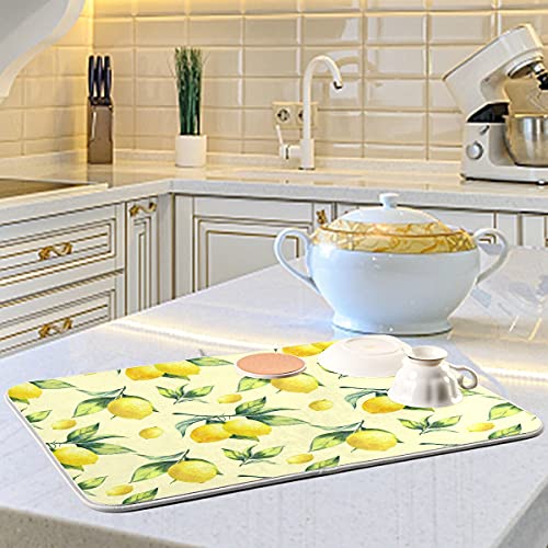 Super Absorbent Dish Drying Mat (Vintage Yellow Lemon With Leaves / 18" x 24")