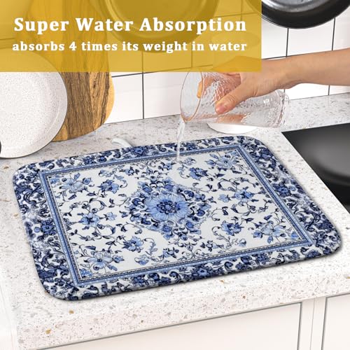 Boho Floral Dish Drying Mat 16x18 Inch Blue Leaves Kitchen Drying Pad Reversible Absorbent Dish Drainer Rack Mats Counter Tableware Decor (Blue Boho Floral / 16" x 18")