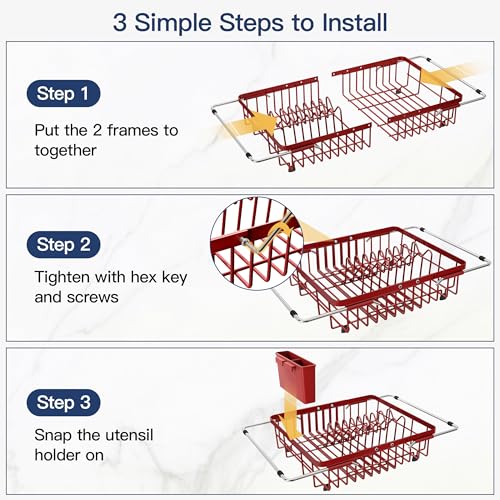 Red Dish Drying Rack Over the Sink with Utensil Holder (Red / For 12.5"-30"w Sink, Expandable)