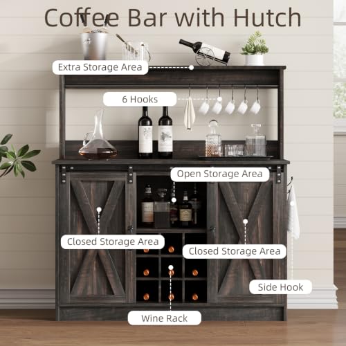 47" Coffee Bar Cabinet with Storage Hutch & Wine Rack (47Inch / Oak)