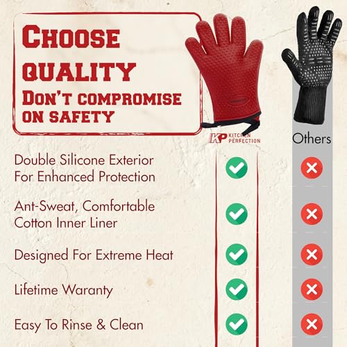 Silicone Griddle Grill Gloves Heat Resistant Oven Mitts (Prime Red / One Size)