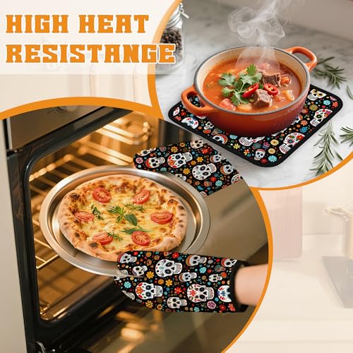 Day of The Dead Skull Mexican Oven Mitts and Pot Holders Set (4 Count)