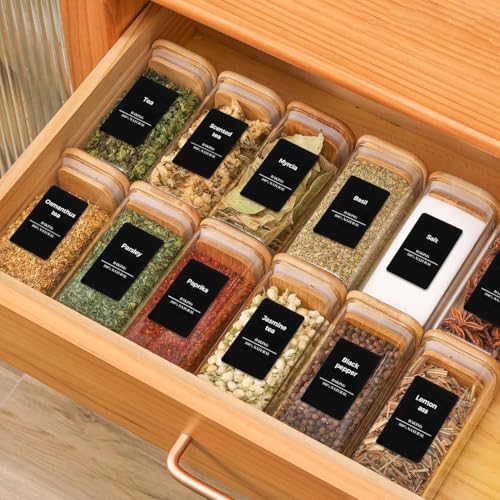 Square Glass Spice Jars with Labels 10 oz 6 Pack with Bamboo Lids (6 Count)