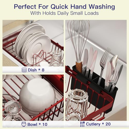 Red Expandable Dish Drying Rack Over Sink with Extra Drying Mat (Red / For 13"-30" W Sink with Mat)