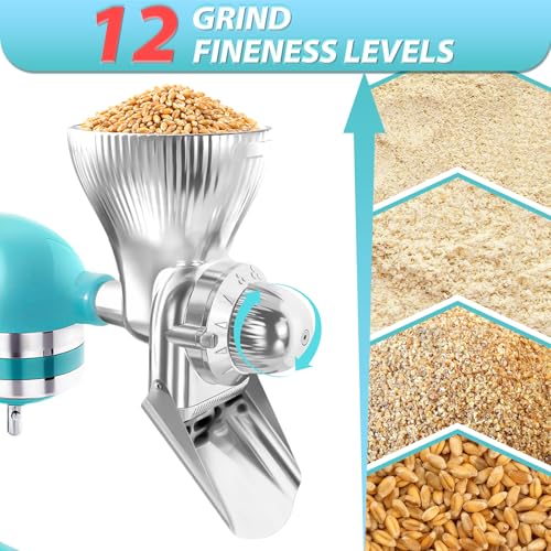 All Metal Grain Mill Attachment for KitchenAid Stand Mixers with 12 Grind Level Wheat Grinder Flour Mill for Sourdough Baking (Metal)