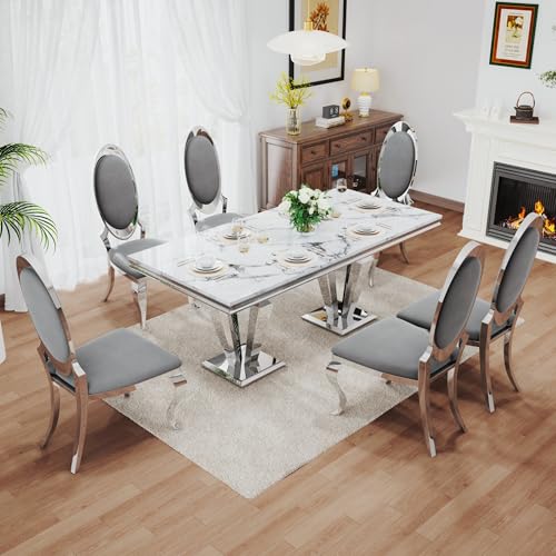 7 Piece Luxury Dining Room Set (Silver White + Grey / Dining Table + 6 Oval Chairs)