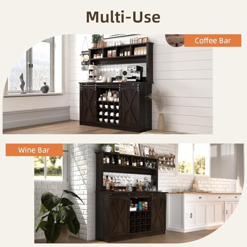 55” Farmhouse Coffee Bar with 4 Tier Storage Hutch (55.1Inch / Dark Oak)