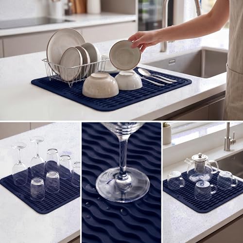 Silicone Dish Drying Mat for Multiple Usage (Navy Blue / 12"L x 12"W)