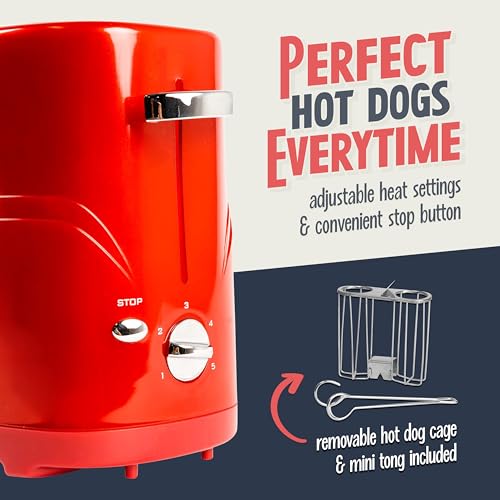 2 Slot Hot Dog and Bun Toaster with Mini Tongs (Metallic Red)