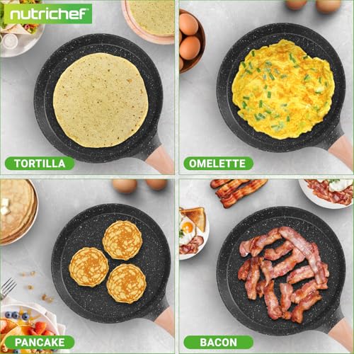 2-Pack Non-Stick Crepe Pan Set, 9.4" Marble Coated Dosa Pans with Wooden Spreaders, Bakelite and Wood Handles, Induction-Compatible, Dishwasher Safe, Even Heat Distribution, Black Marble (Black / 9" (2-Pack))