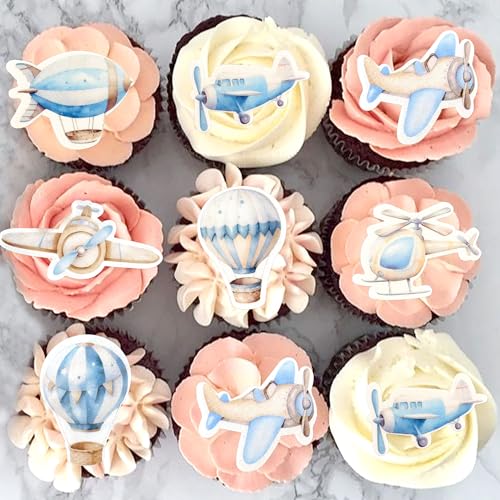 40Pcs Edible Watercolor Blue Airplanes Cupcake Toppers Edible Cartoon Hot Air Balloon Helicopter Cupcake Picks for Blue Boys Birthday Cupcake Decorations Airplane Baby Shower Cake Decorations (Edible-airplane)